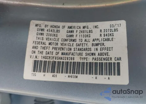 2017 Honda Accord Ex-L V6 from USA, damaged, VIN 1HGCR3F85HA028398